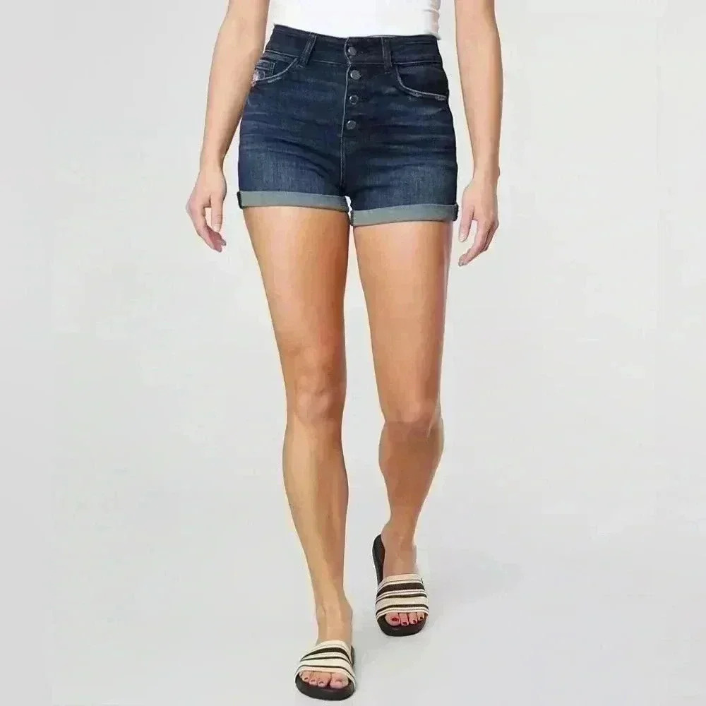 KanCan Kurvy Ultra High Rise Short Button-Fly Curvy Dark Wash Cuffed Distressed